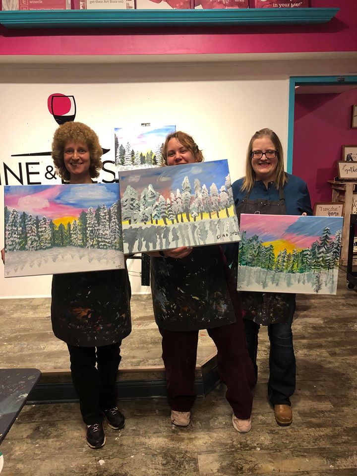 Karen, Me. Carrie, at the Wine and Paint we went to and happy and smiling.